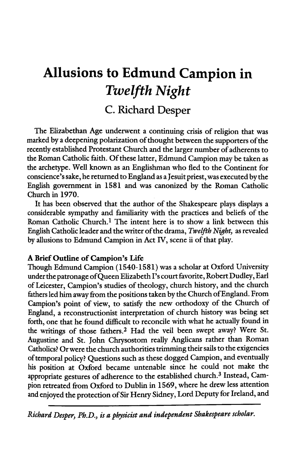 Allusions to Edmund Campion in Twelfth Night