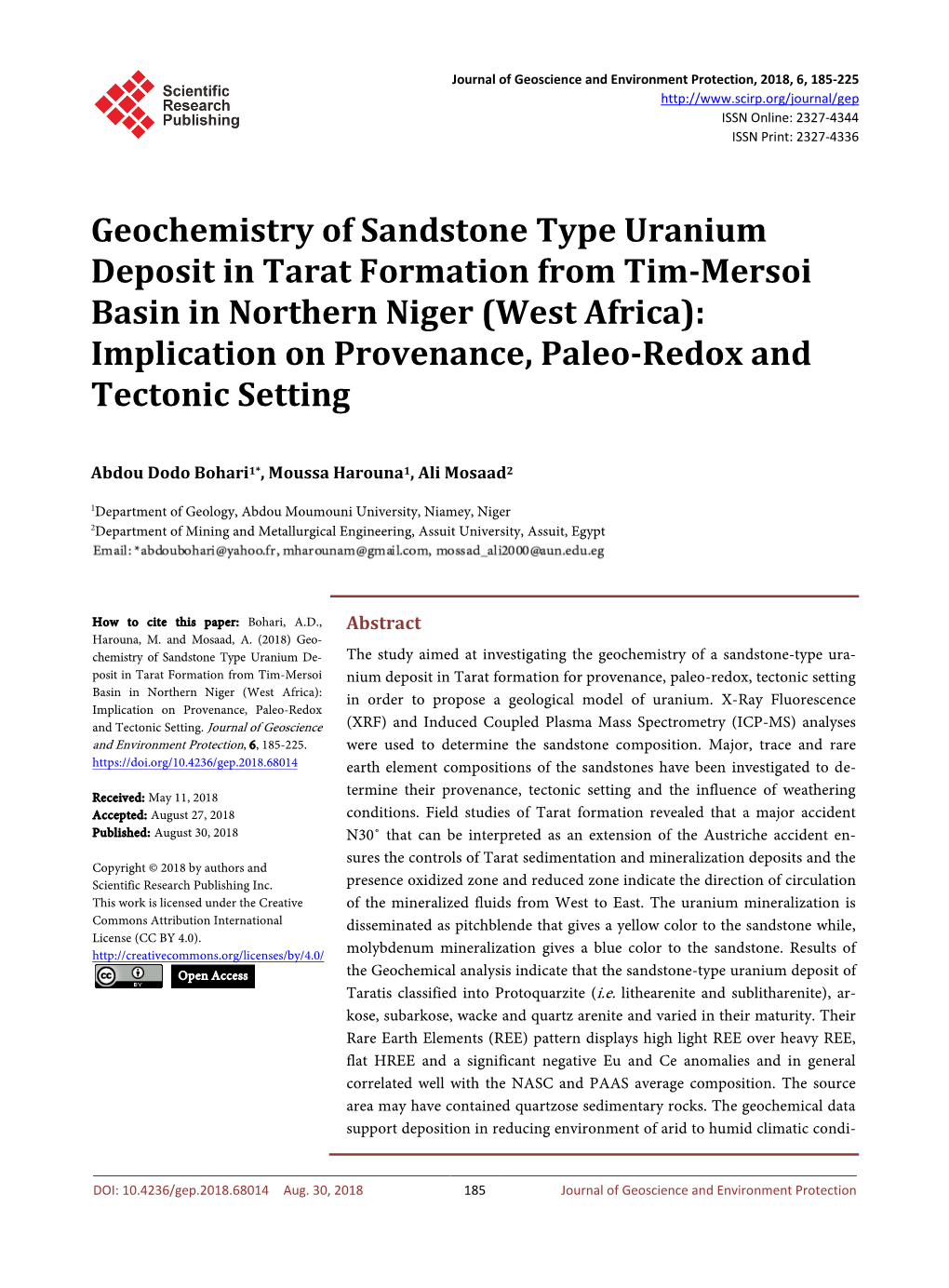 Geochemistry of Sandstone Type Uranium Deposit in Tarat Formation from Tim-Mersoi Basin in Northern Niger