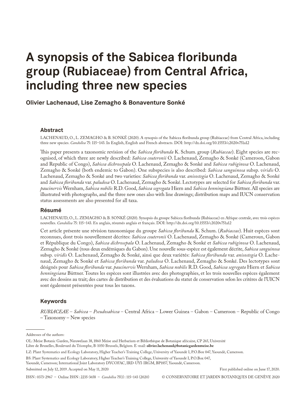 A Synopsis of the Sabicea Floribunda Group (Rubiaceae) from Central Africa, Including Three New Species