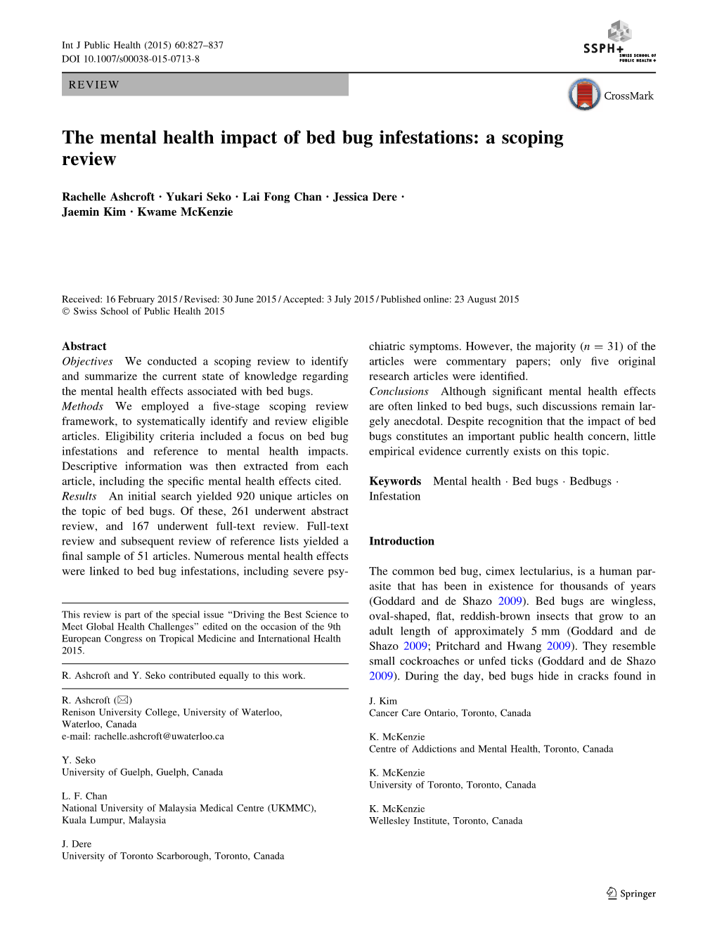 The Mental Health Impact of Bed Bug Infestations: a Scoping Review