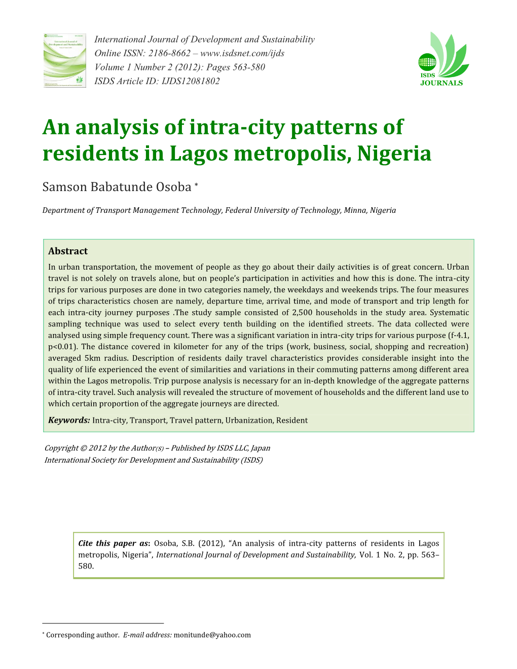 An Analysis of Intra-City Patterns of Residents in Lagos Metropolis, Nigeria