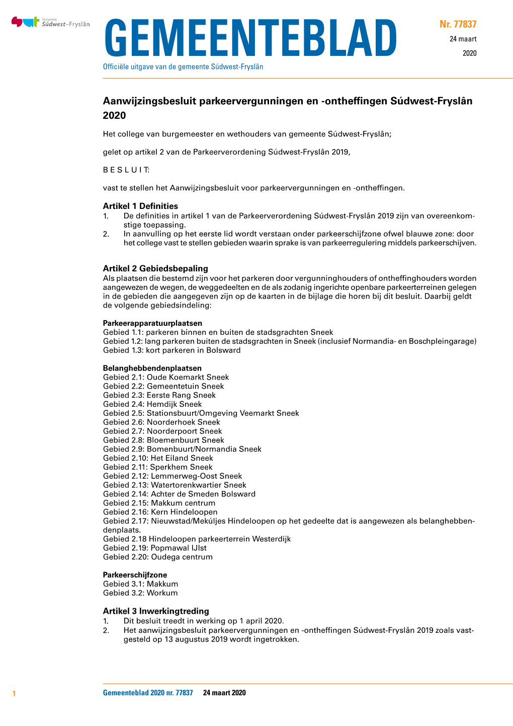 Aanwijzingsbesluit Parkeervergunningen En -Ontheffingen Súdwest-Fryslân 2020