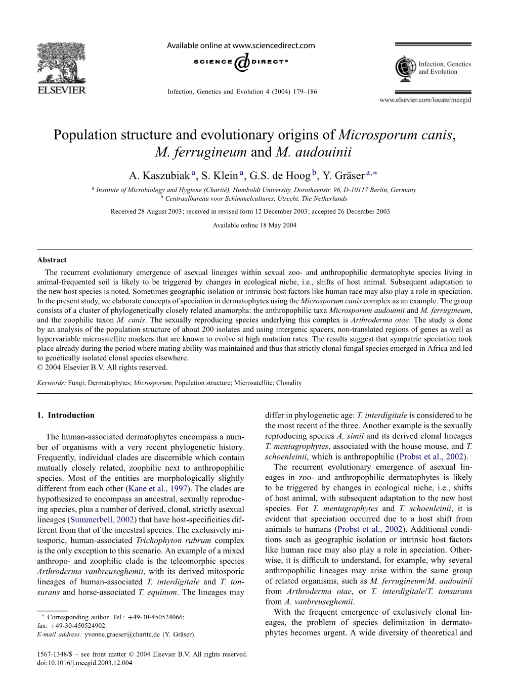 Population Structure and Evolutionary Origins of Microsporum Canis, M