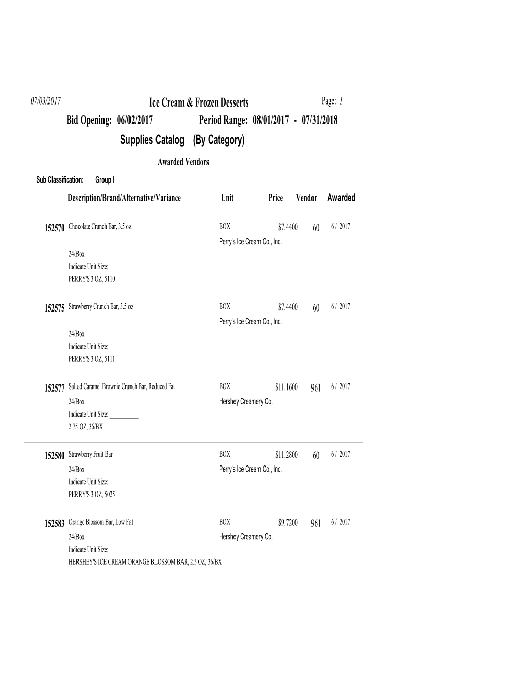 Supplies Catalog (By Category) Awarded Vendors Sub Classification: Group I Description/Brand/Alternative/Variance Unit Price Vendor Awarded