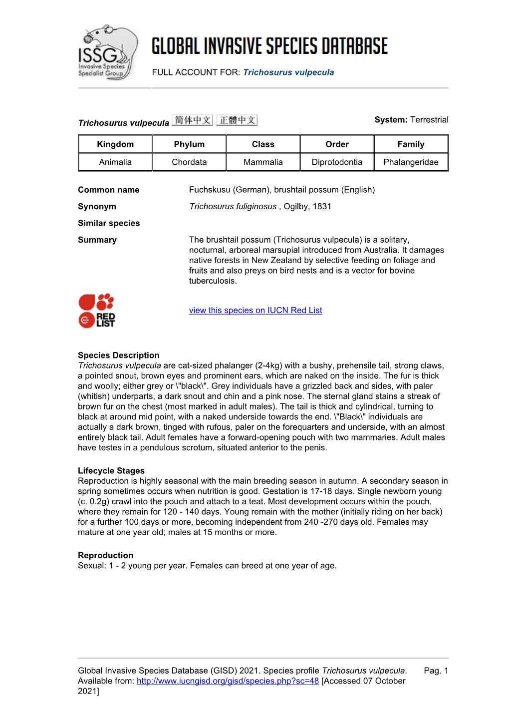 (GISD) 2021. Species Profile Trichosurus Vulpecula. Pag
