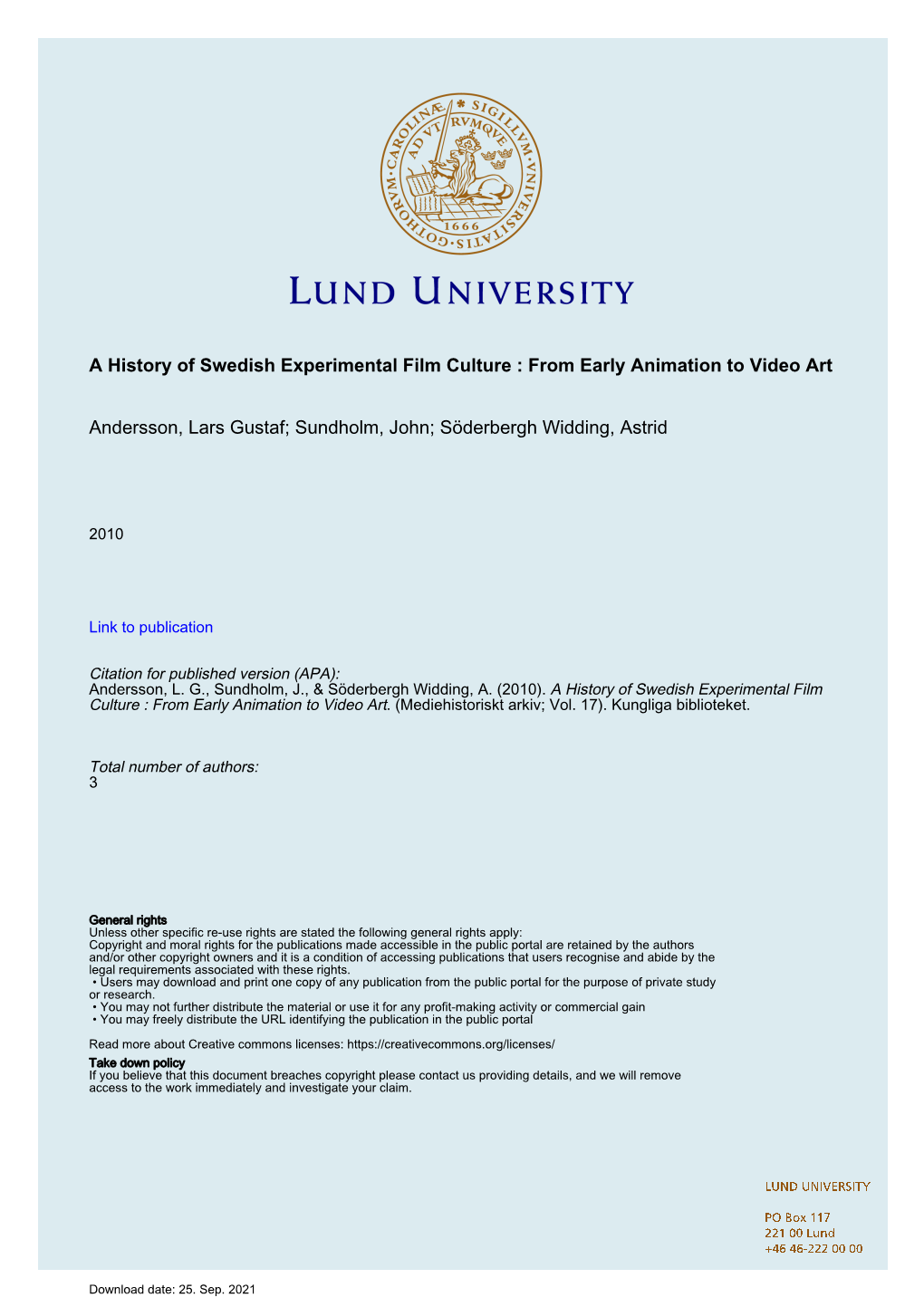 A History of Swedish Experimental Film Culture : from Early Animation to Video Art Andersson, Lars Gustaf