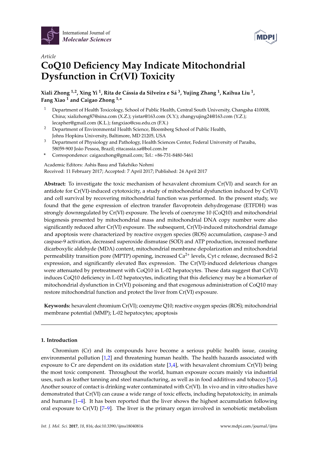 Coq10 Deficiency May Indicate Mitochondrial Dysfunction in Cr(VI) Toxicity