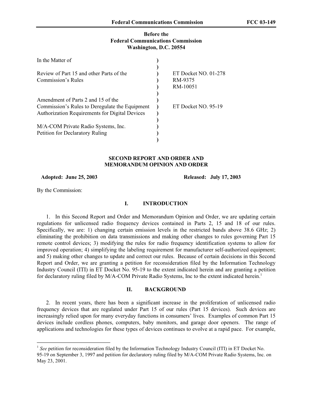 Federal Communications Commission FCC 03-149 Before The