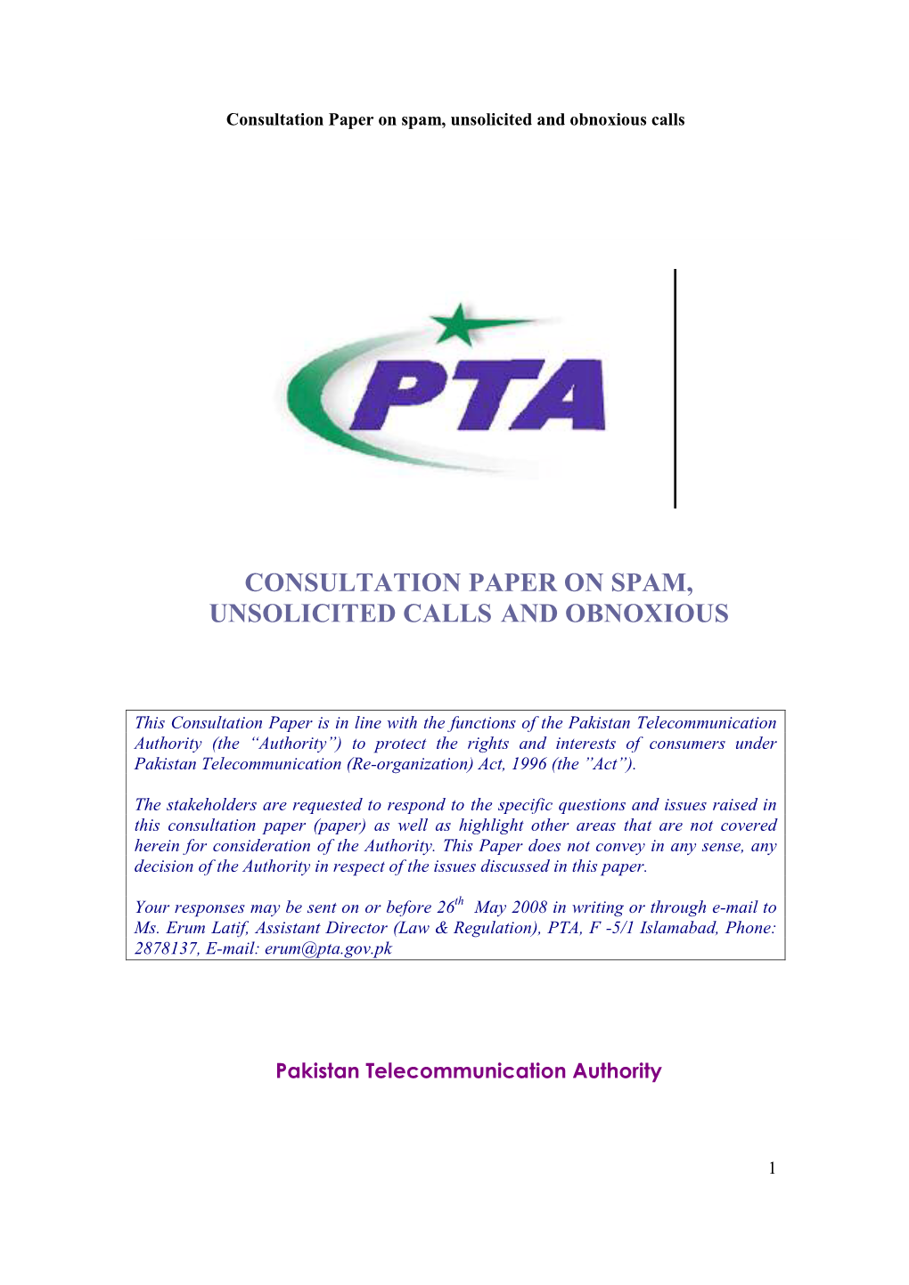 Consultation Paper on Spam, Unsolicited Calls and Obnoxious