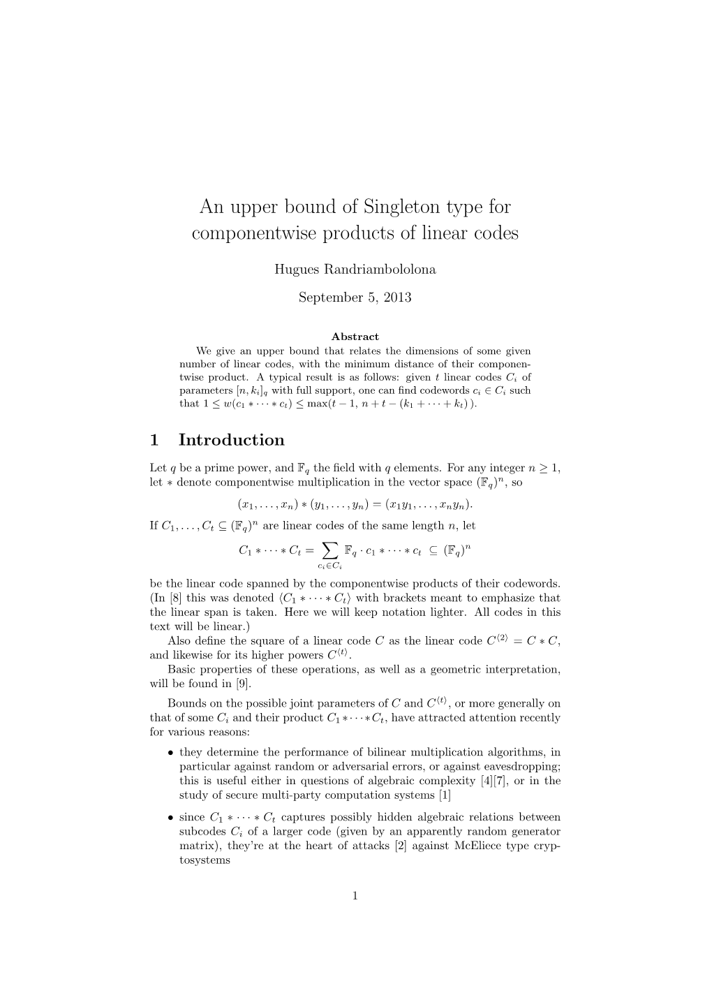An Upper Bound of Singleton Type for Componentwise Products of Linear Codes