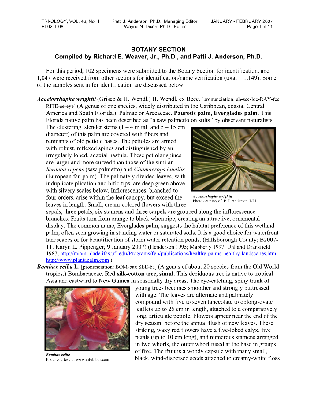 BOTANY SECTION Compiled by Richard E. Weaver, Jr., Ph.D., and Patti J