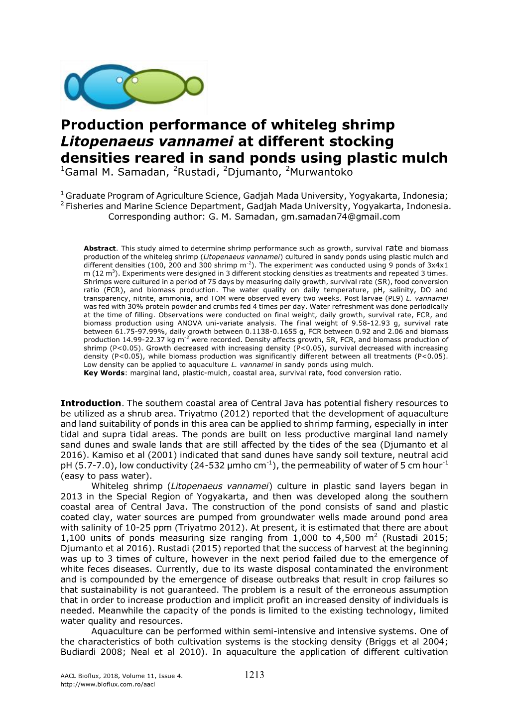 Production Performance of Whiteleg Shrimp Litopenaeus Vannamei at Different Stocking Densities Reared in Sand Ponds Using Plastic Mulch 1Gamal M