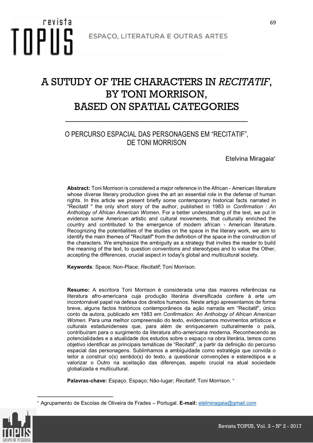 A Sutudy of the Characters in Recitatif, by Toni Morrison, Based on Spatial Categories ______