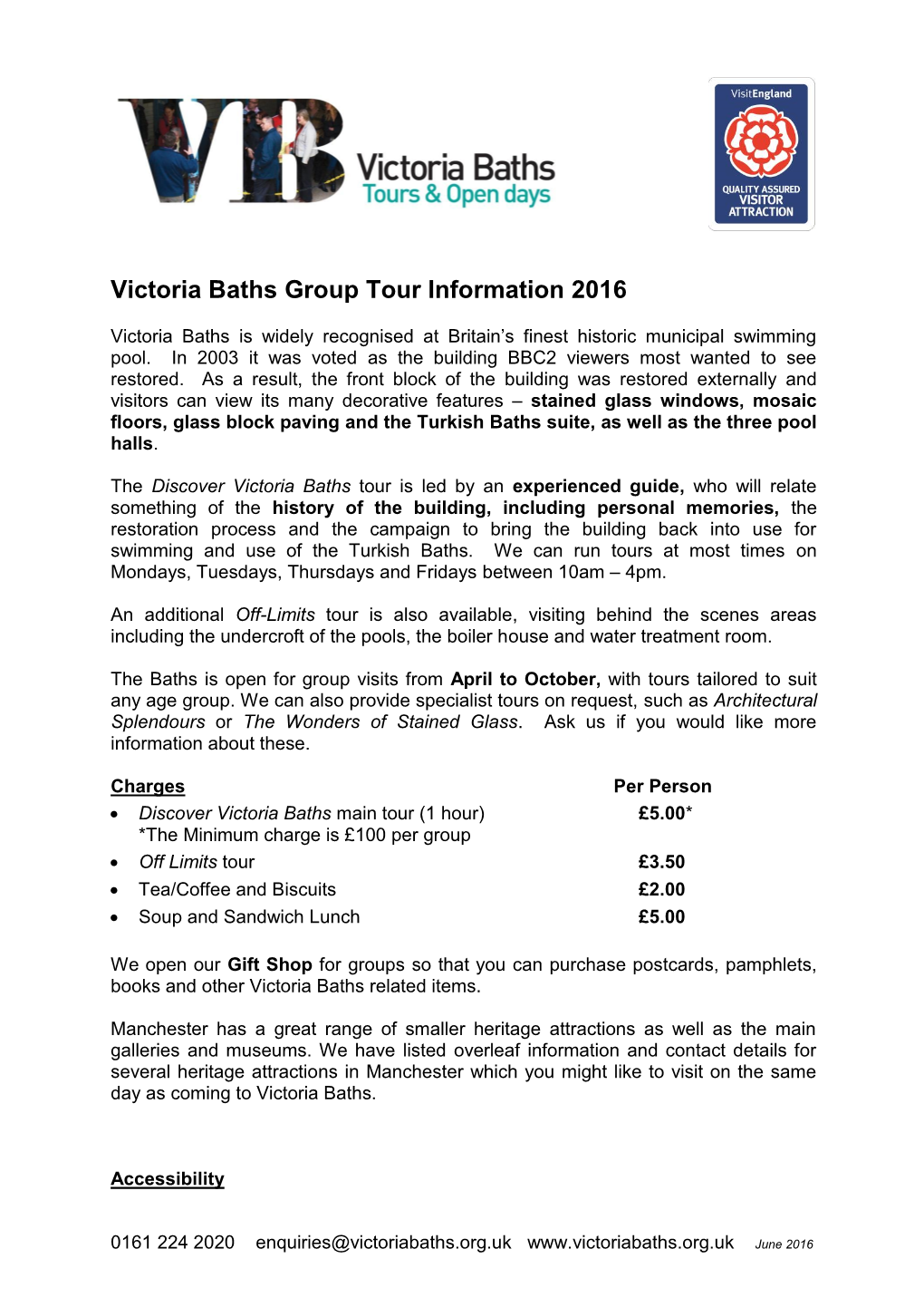 Victoria Baths Group Tour Information 2016