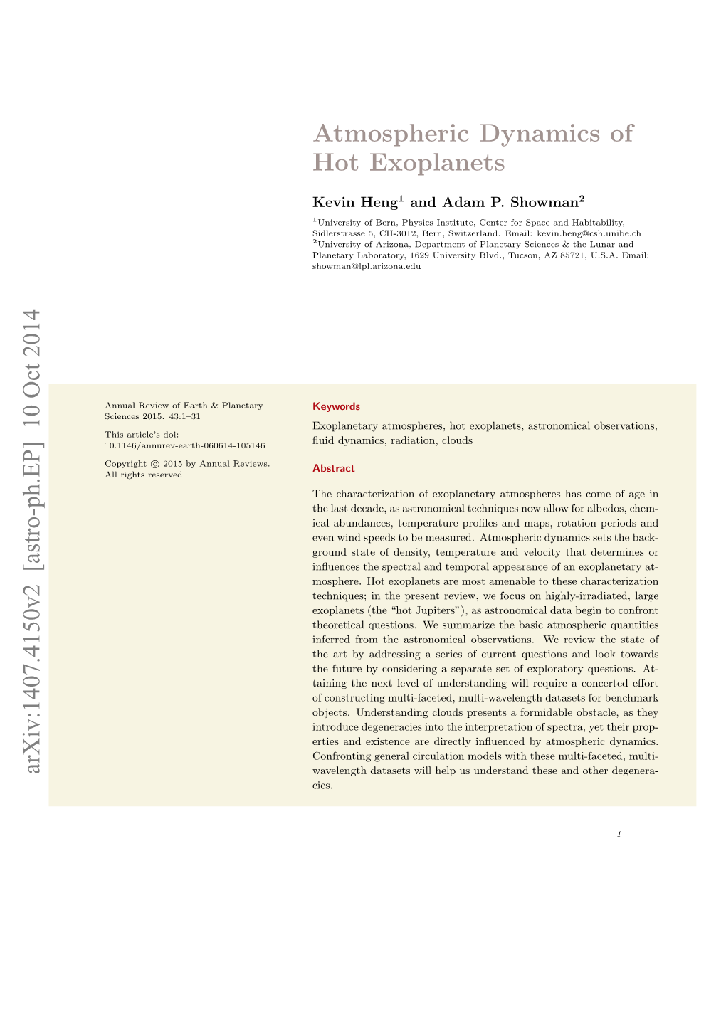 Atmospheric Dynamics of Hot Exoplanets Arxiv:1407.4150V2 [Astro-Ph.EP] 10 Oct 2014