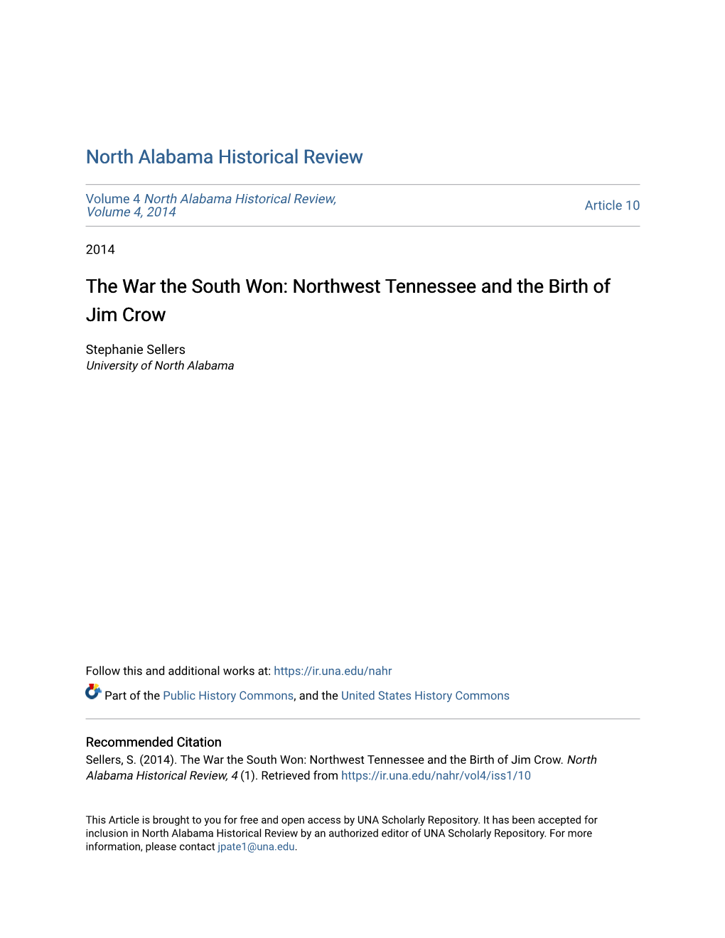 The War the South Won: Northwest Tennessee and the Birth of Jim Crow