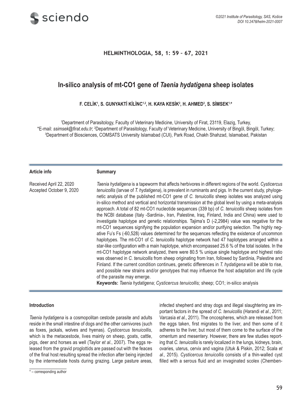 In-Silico Analysis of Mt-CO1 Gene of Taenia Hydatigena Sheep Isolates