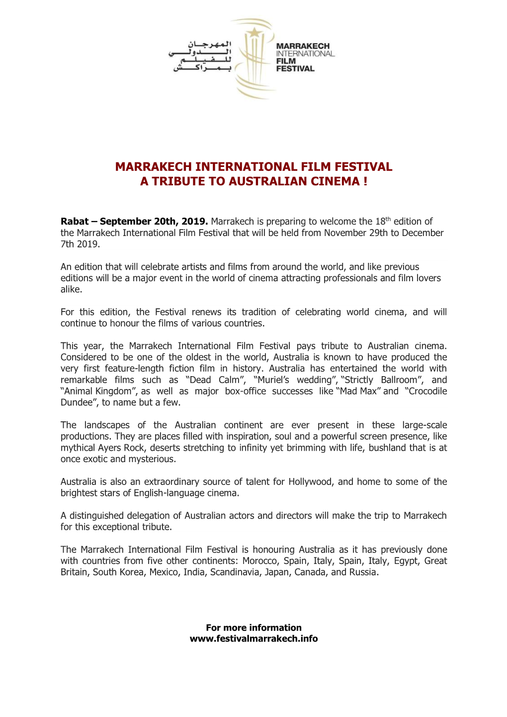 Marrakech International Film Festival a Tribute to Australian Cinema !