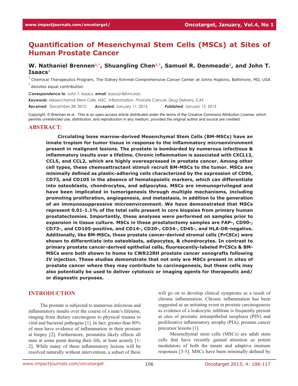 Quantification of Mesenchymal Stem Cells (Mscs) at Sites of Human Prostate Cancer