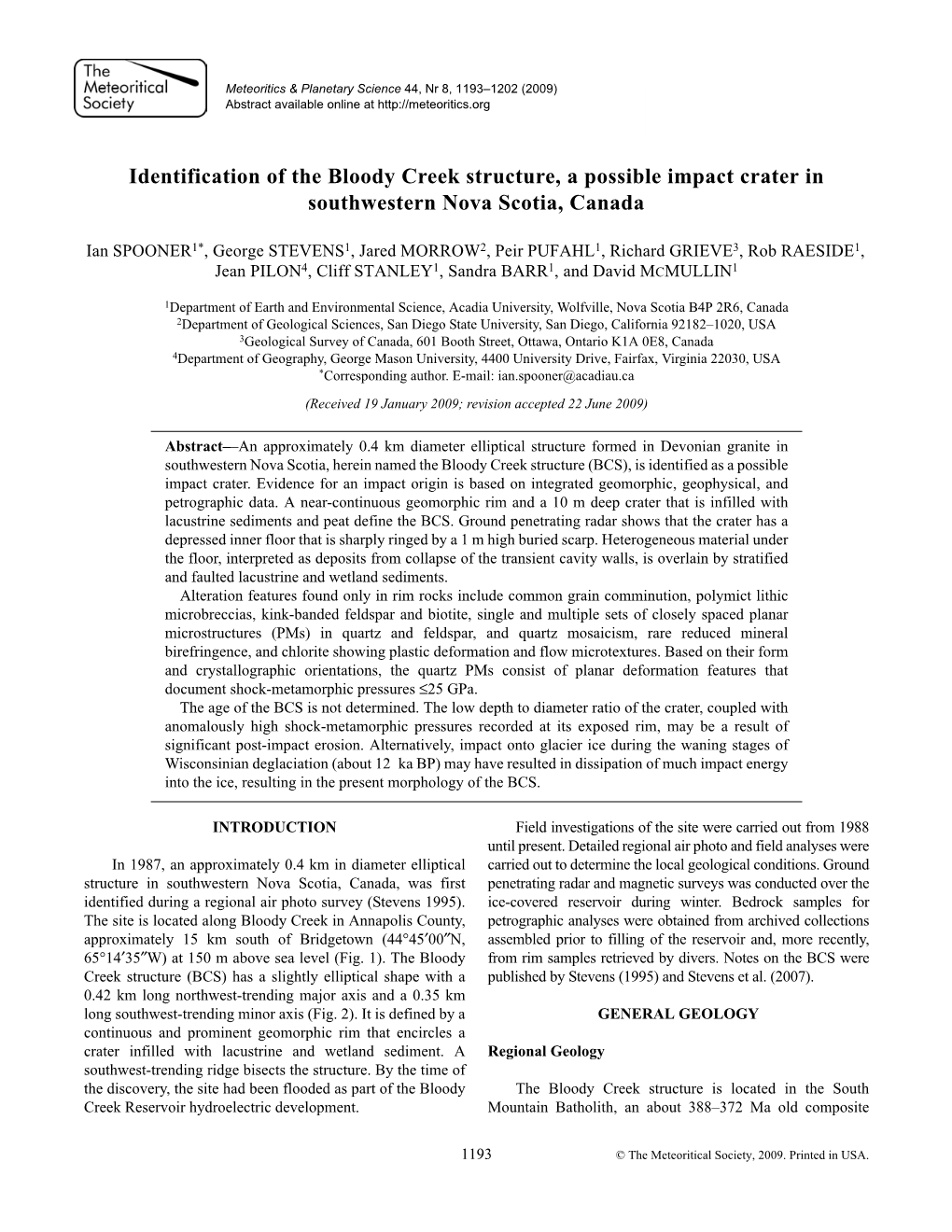 Identification of the Bloody Creek Structure, a Possible Impact Crater in Southwestern Nova Scotia, Canada