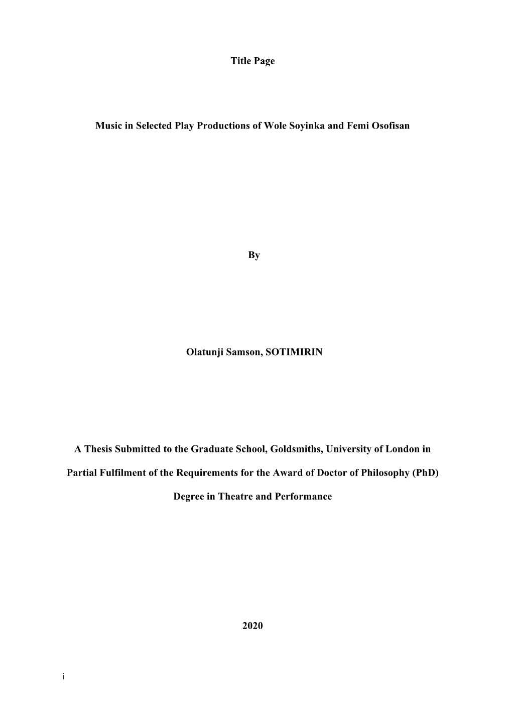 Title Page Music in Selected Play Productions of Wole Soyinka And