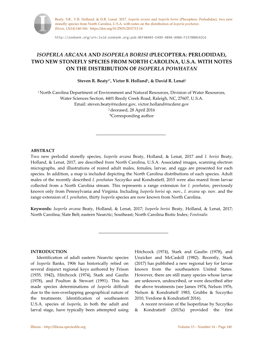 Plecoptera: Perlodidae), Two New Stonefly Species from North Carolina, U.S.A