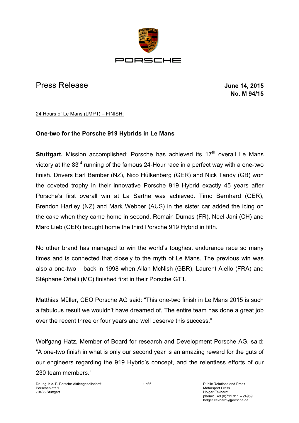 Press Release June 14, 2015 No