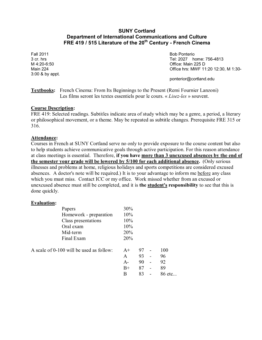 Intermediate French (FRE 201), VH B 140 Course