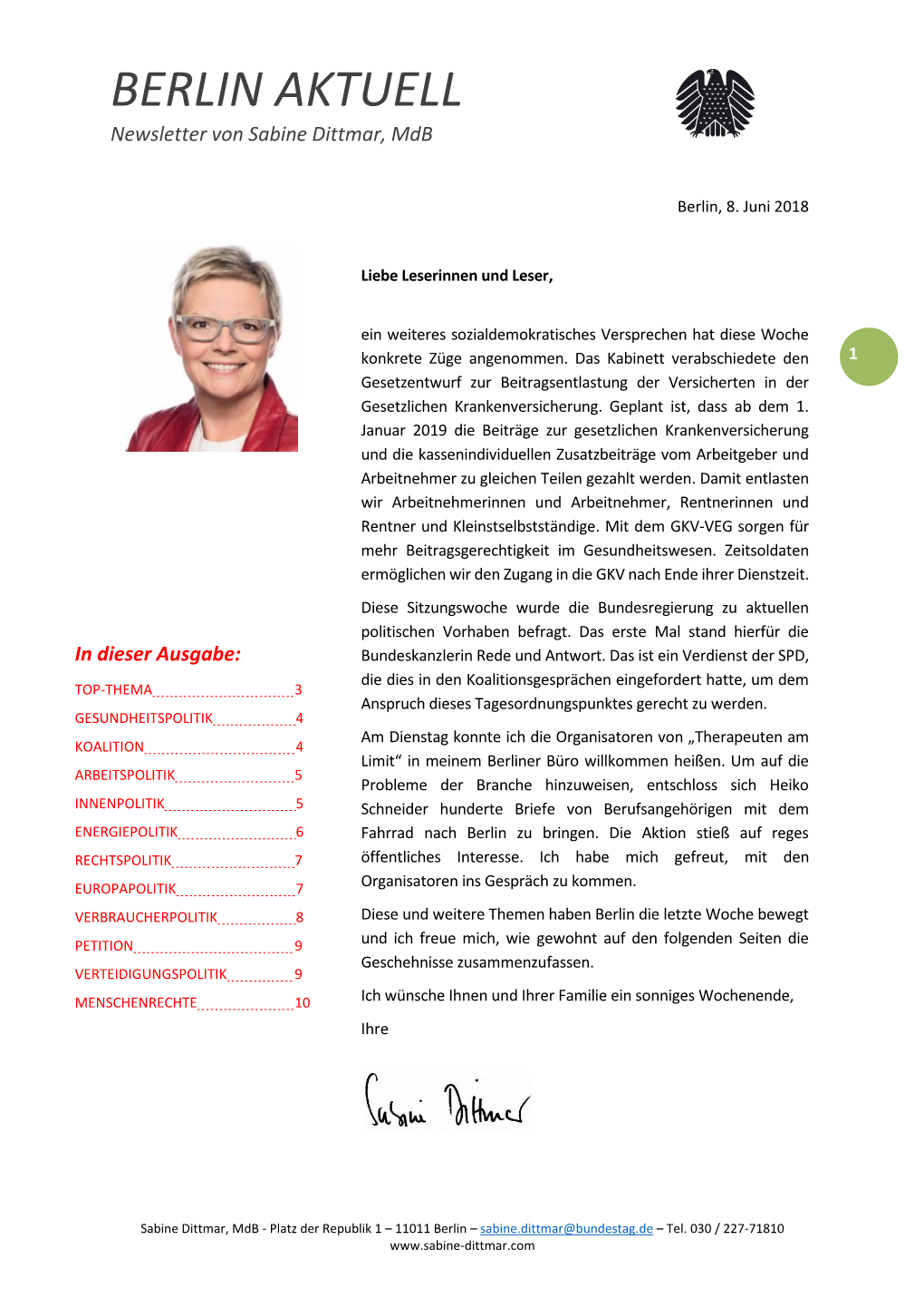 BERLIN AKTUELL Newsletter Von Sabine Dittmar, Mdb