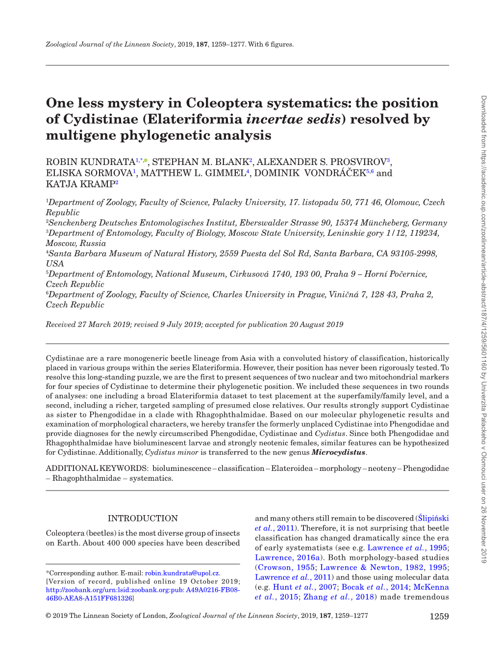 The Position of Cydistinae (Elateriformia Incertae Sedis) Resolved by Multigene Phylogenetic Analysis