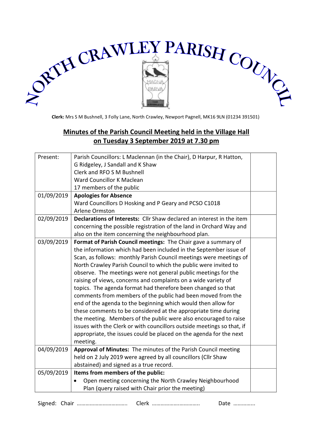 Minutes of the Parish Council Meeting Held in the Village Hall on Tuesday 3 September 2019 at 7.30 Pm