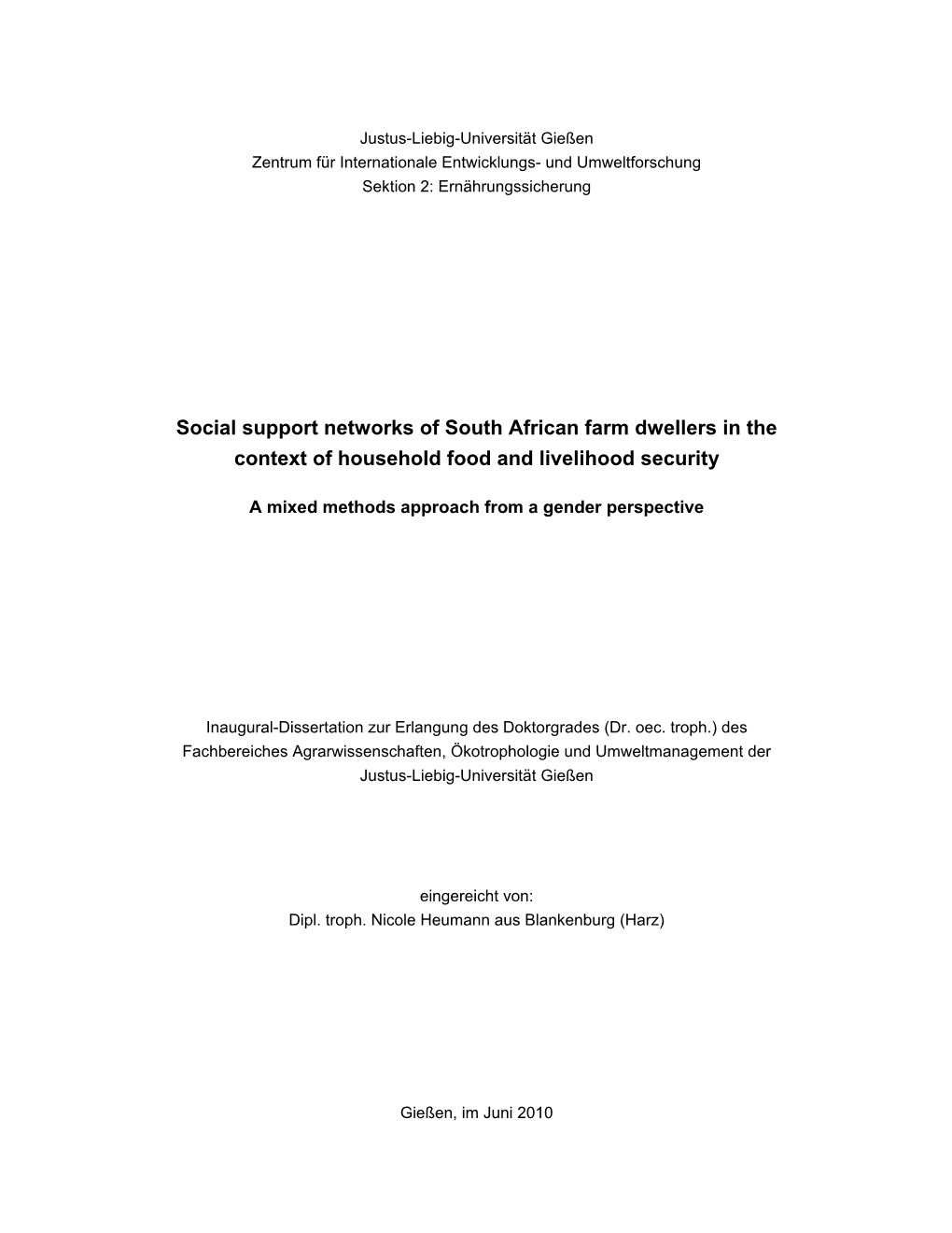 Social Support Networks of South African Farm Dwellers in the Context of Household Food and Livelihood Security