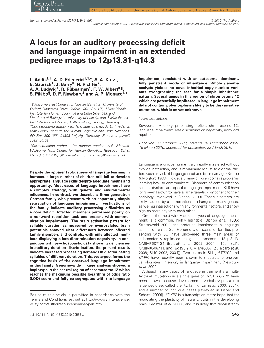 A Locus for an Auditory Processing Deficit and Language Impairment In