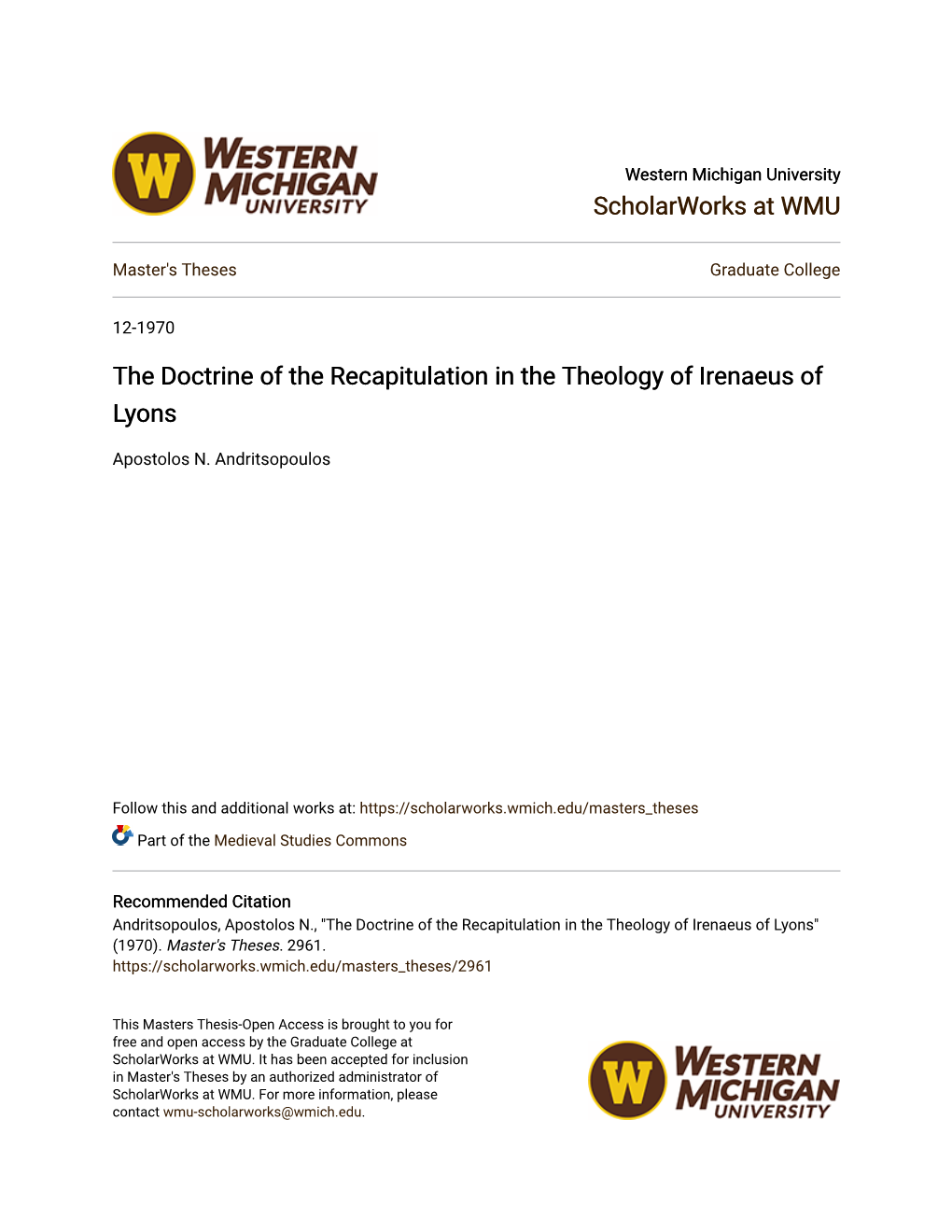 The Doctrine of the Recapitulation in the Theology of Irenaeus of Lyons