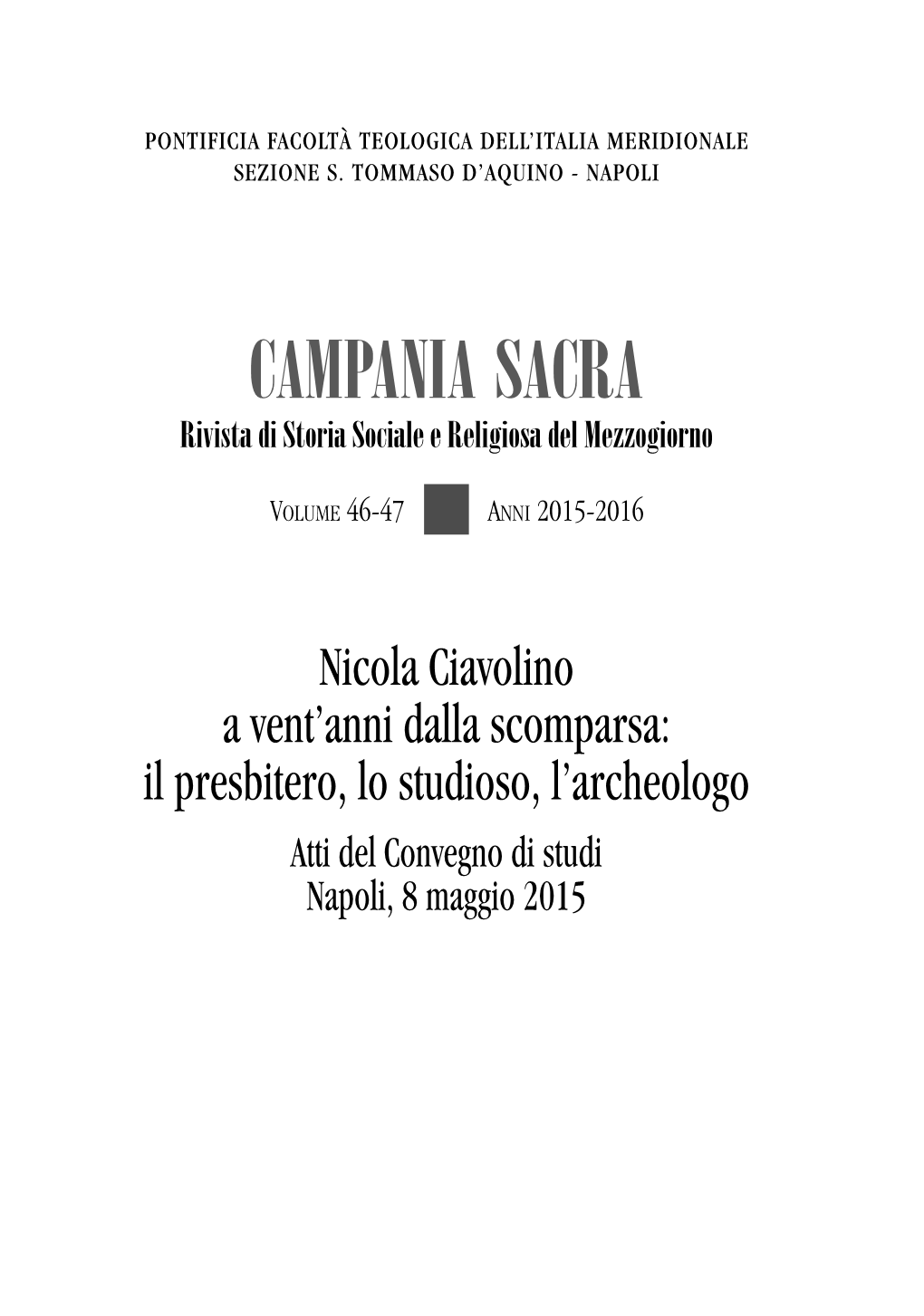 CAMPANIA SACRA Rivista Di Storia Sociale E Religiosa Del Mezzogiorno