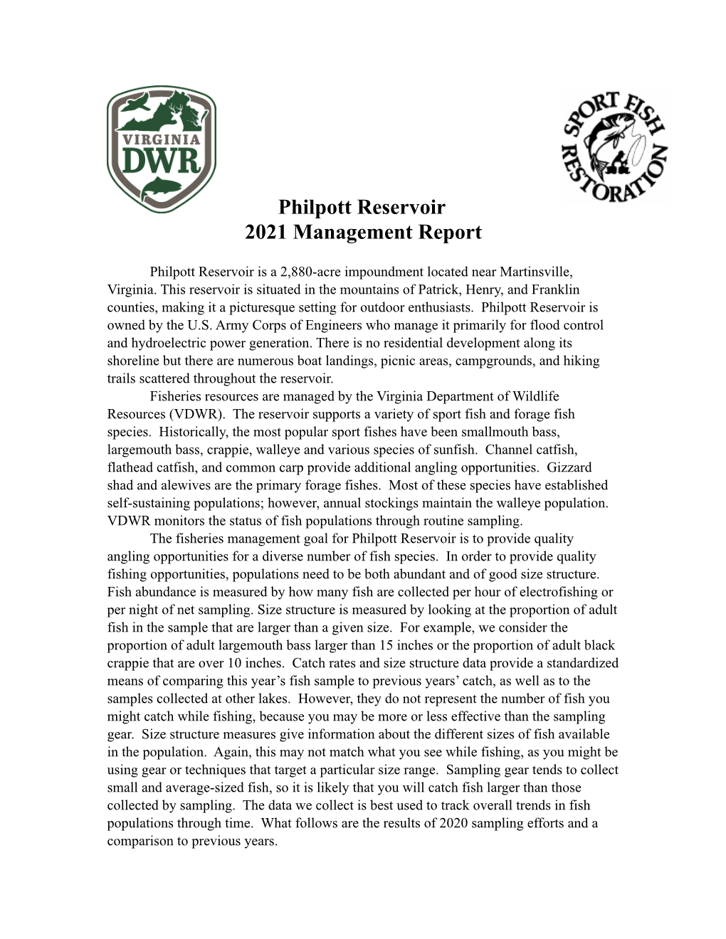 2021 Philpott Reservoir Fisheries Management Report