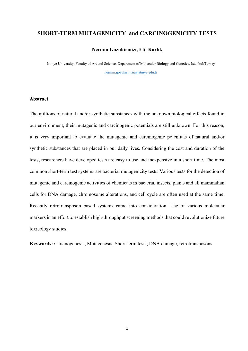 SHORT-TERM MUTAGENICITY and CARCINOGENICITY TESTS