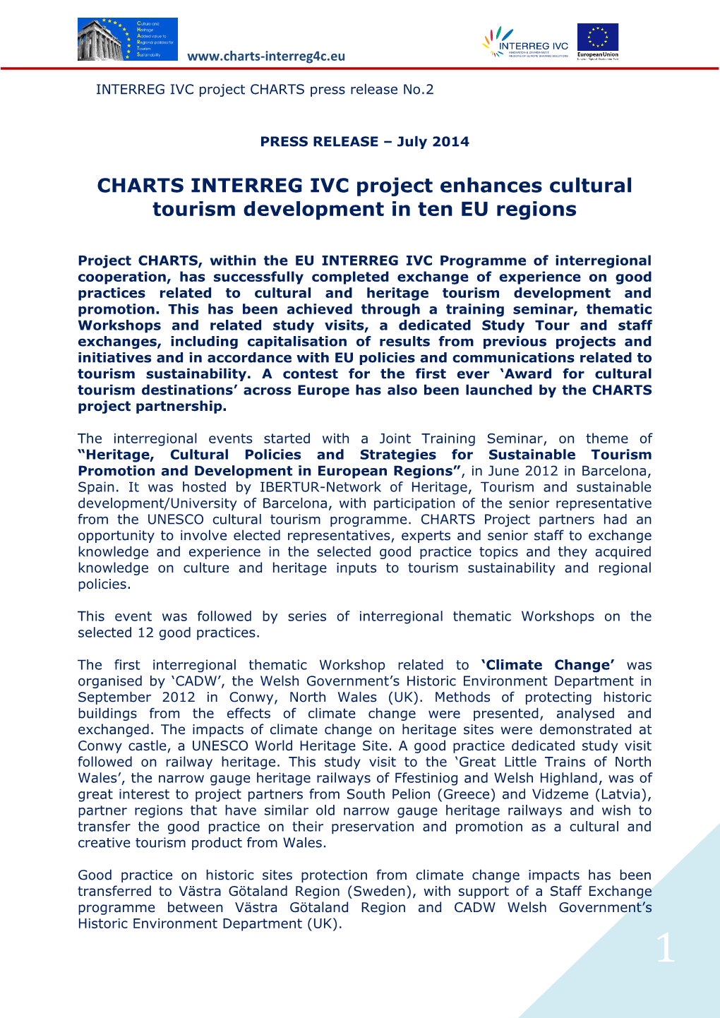 CHARTS INTERREG IVC Project Enhances Cultural Tourism Development in Ten EU Regions