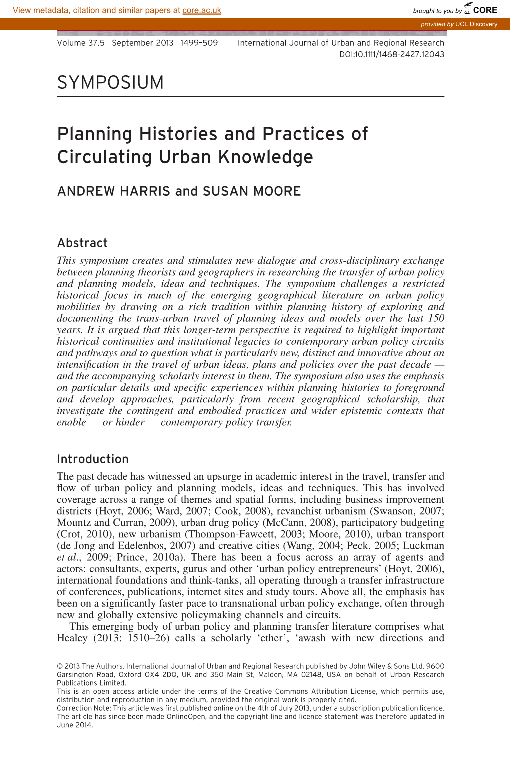 Planning Histories and Practices of Circulating Urban Knowledge