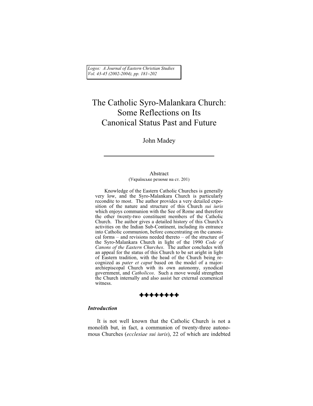 The Catholic Syro-Malankara Church: Some Reflections on Its Canonical Status Past and Future