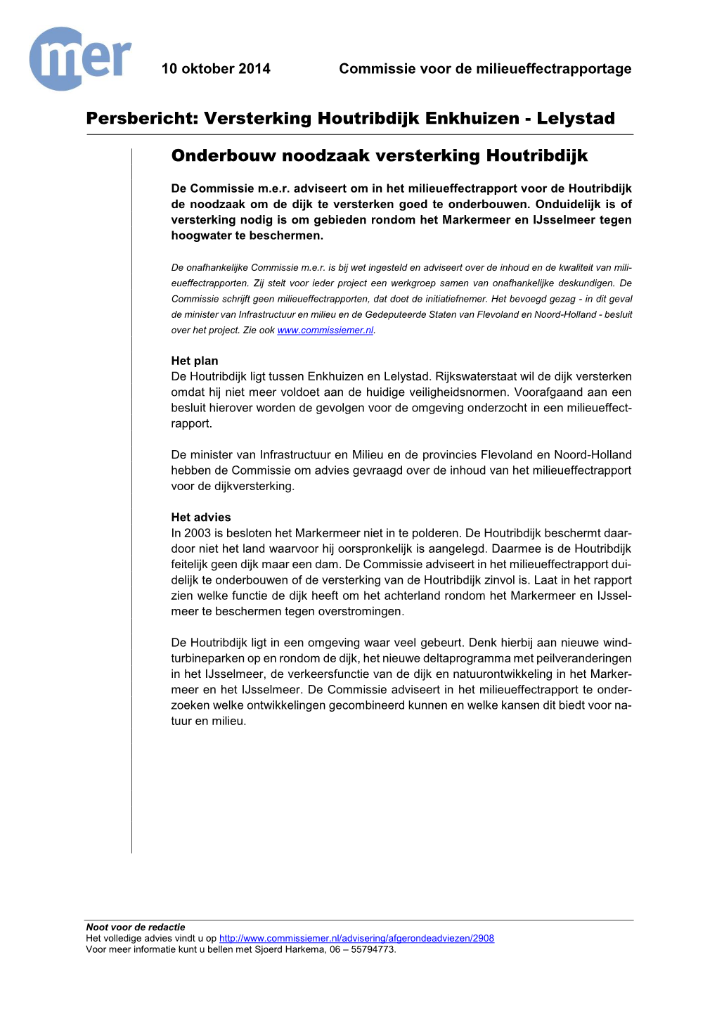 Persbericht: Versterking Houtribdijk Enkhuizen - Lelystad