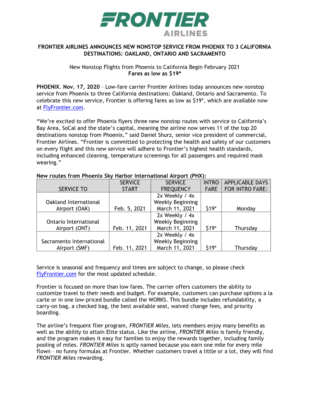 Frontier Airlines Announces New Nonstop Service from Phoenix to 3 California Destinations: Oakland, Ontario and Sacramento