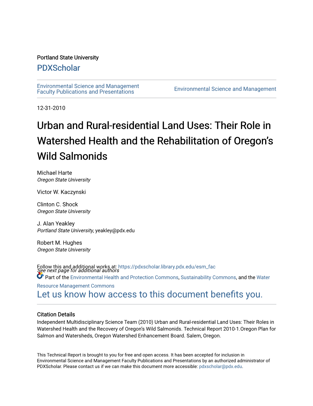 Urban and Rural-Residential Land Uses: Their Role in Watershed Health and the Rehabilitation of Oregon’S Wild Salmonids