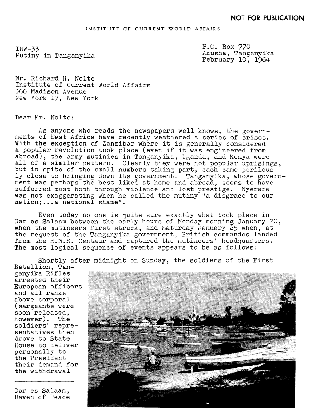 Mutiny in Tanganyika Arusha, Tanganyika February I0, 196