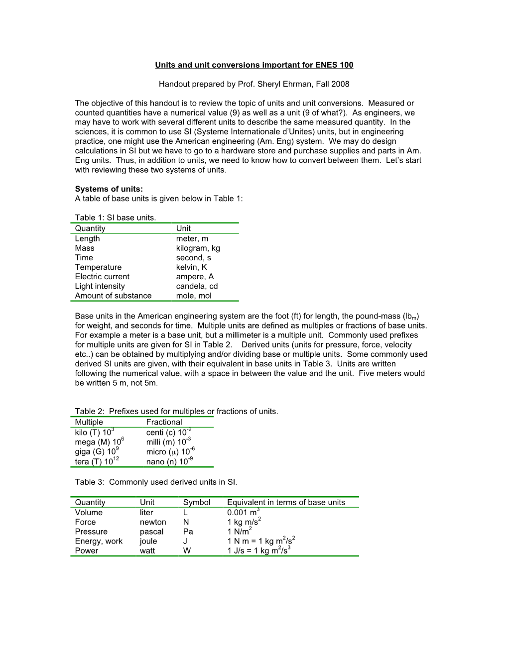 Units and Unit Conversions Important for ENES 100