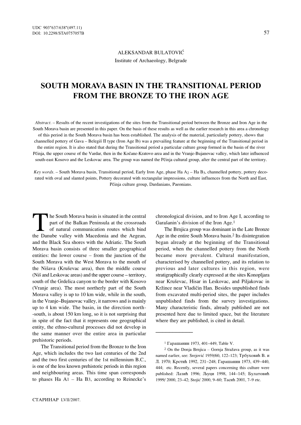 South Morava Basin in the Transitional Period from the Bronze to the Iron Age