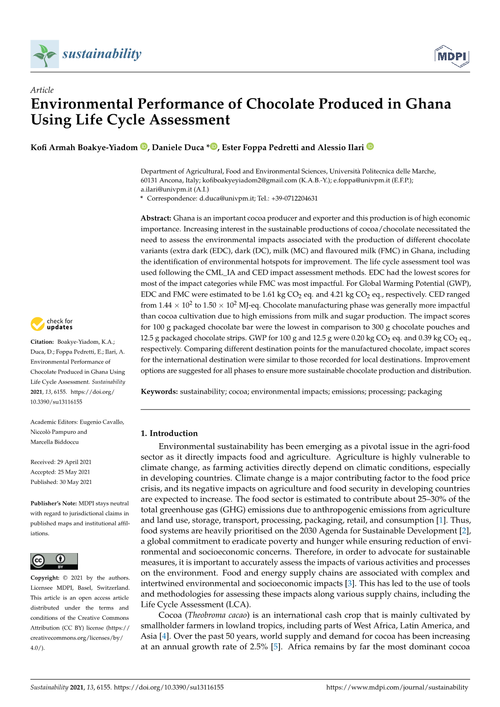 Environmental Performance of Chocolate Produced in Ghana Using Life Cycle Assessment