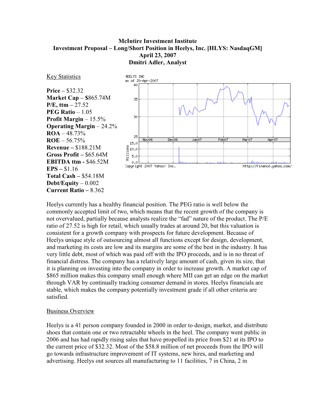 Long/Short Position in Heelys, Inc. [HLYS: Asdaqgm]