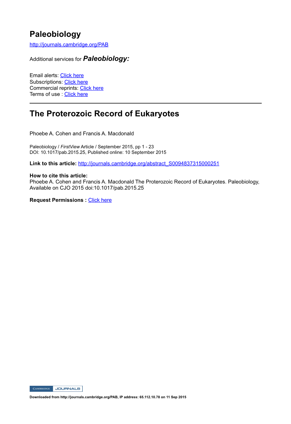 Paleobiology the Proterozoic Record of Eukaryotes