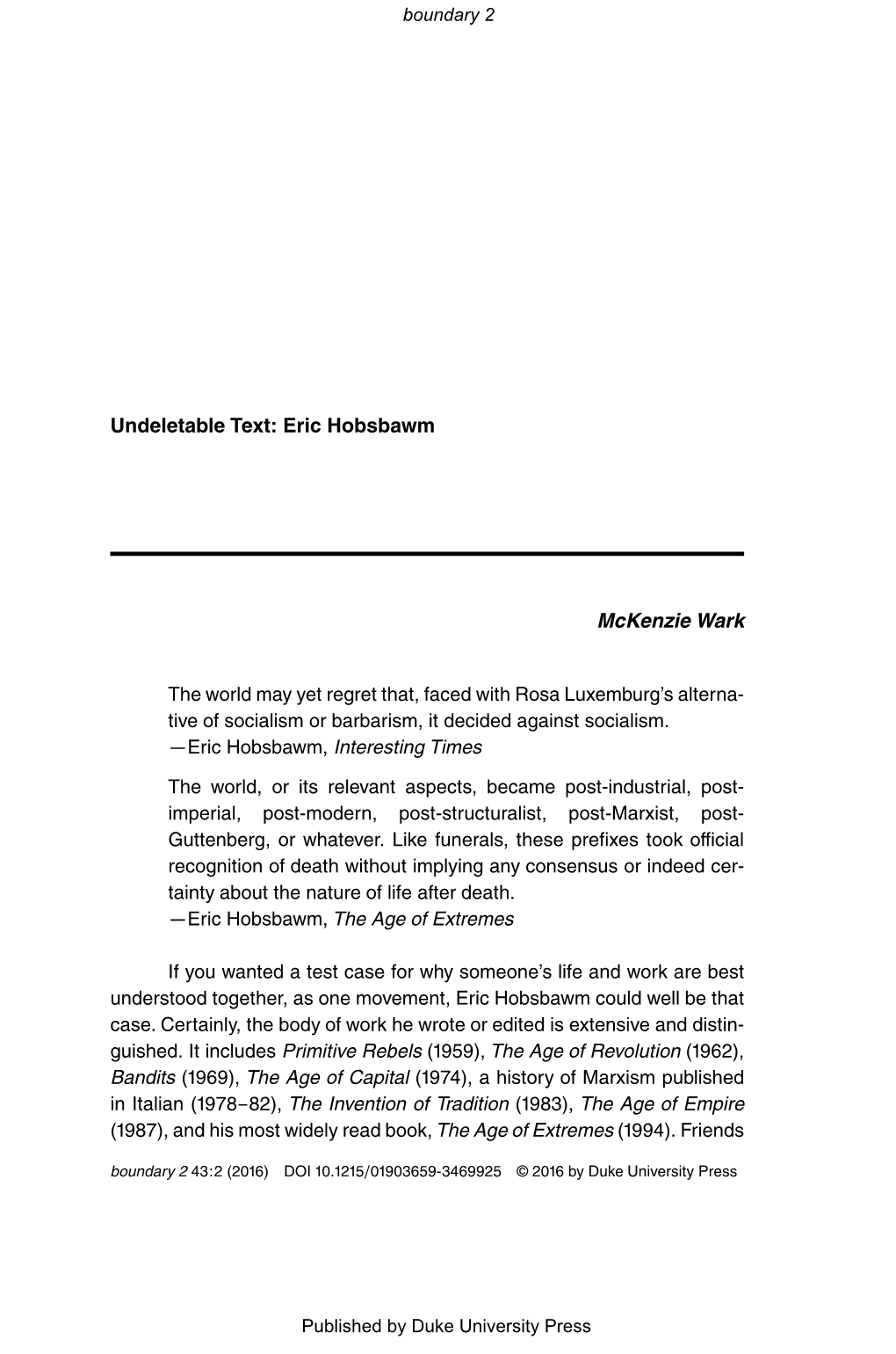 Undeletable Text: Eric Hobsbawm Mckenzie Wark